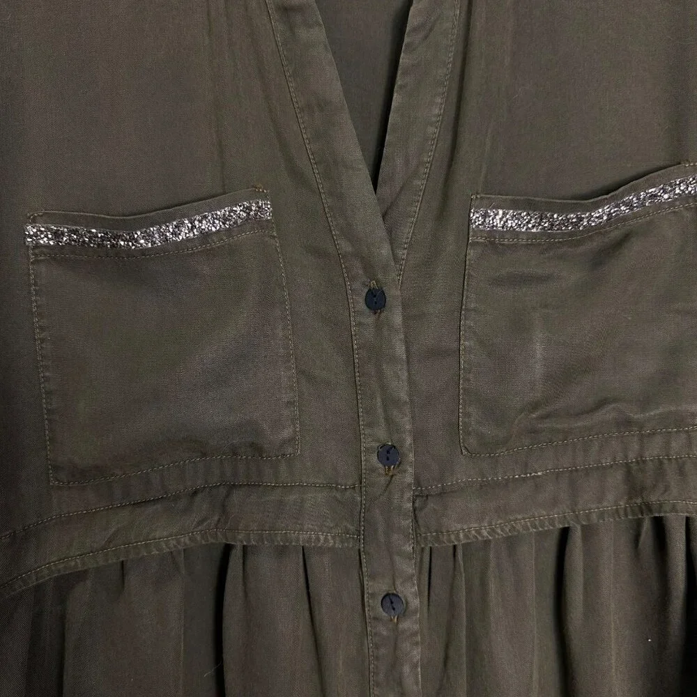 Zara Olive Green Beaded Shirt Dress Long Sleeve Utility Chic Size S - Picture 5 of 12